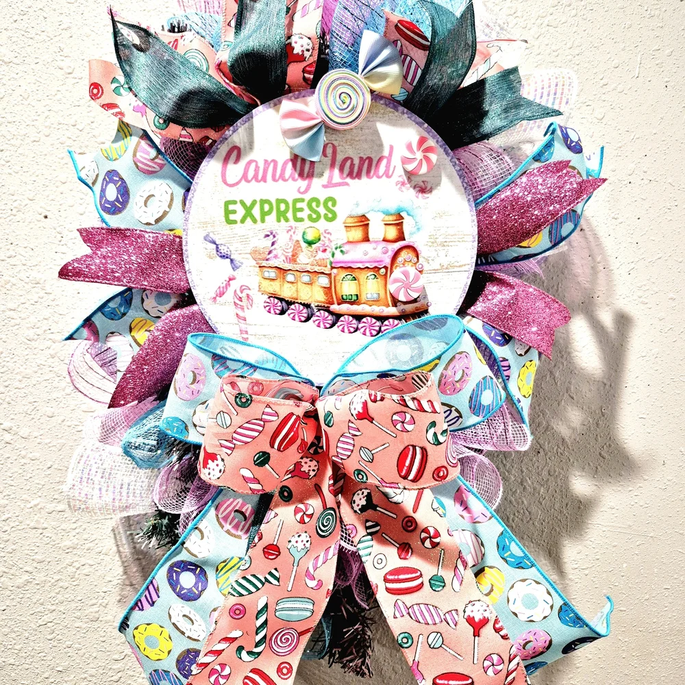 Candy Land Express Holiday Wreath - Pink, Blue, and White
